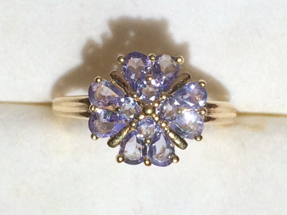 Wedding - Vintage Tanzanite Cluster Ring set in 14k Yellow Gold. 12 Stone Cluster in Floral Pattern. Unique Engagement Ring. December Birthstone.