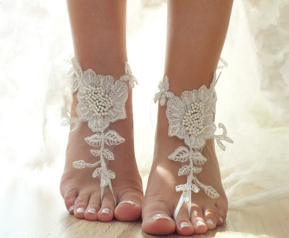 Wedding - ivory Beach wedding barefoot sandals, floral lace sandals, lace sandals, bridal sandals, wedding sandals, pearl barefoot sandals