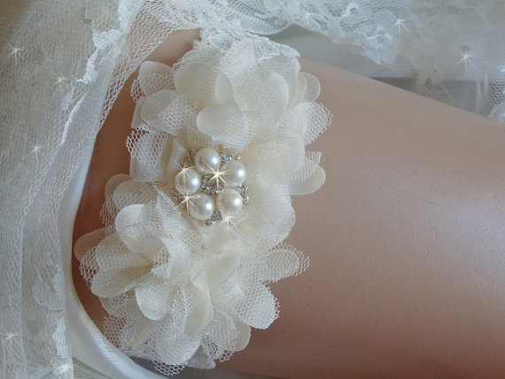 Hochzeit - Ivory Lace Wedding Garter, Bridal Garter, Victorian Garter Belt, Wedding Dress Garter, Rhinestone Heirloom Garter Set, Wedding Lingerie