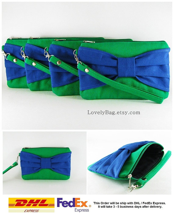 Hochzeit - SUPER SALE - Set of 6 Clover Green with Royal Blue Bow Clutches - Bridal Clutches, Bridesmaid Wristlet, Wedding Gift - Made To Order