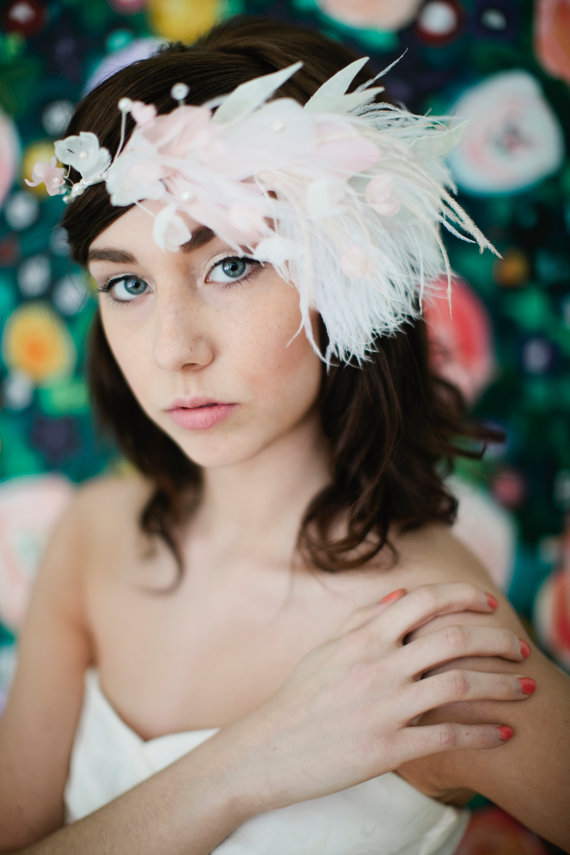 Wedding - Boho Beauty feather halo headband with flowers pearls crystals pink white ivory blush