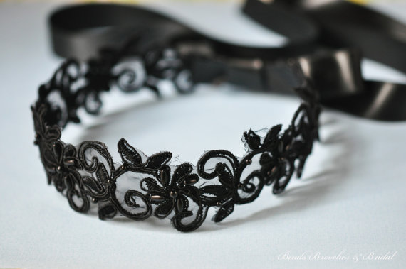 Свадьба - Black Beaded Sequins Headband, Black Lace Headpiece, Black Beaded Lace Headpiece