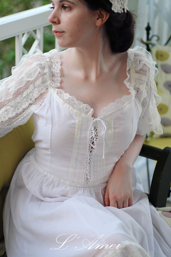 Hochzeit - Sweet  Handmade Vintage Style  White Organic Cotton and Lace Wedding Dress - Elizabeth 2016- AM19835220