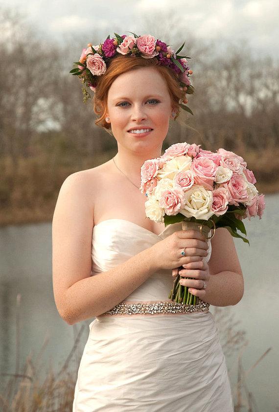 زفاف - Radiant rhinestone and pearl bridal sash shown on blush velvet