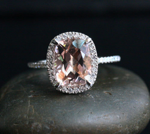 Hochzeit - Pink Peach Morganite Engagement Ring Cushion Morganite 10x8mm Ring in 14k White Gold with Diamond Halo