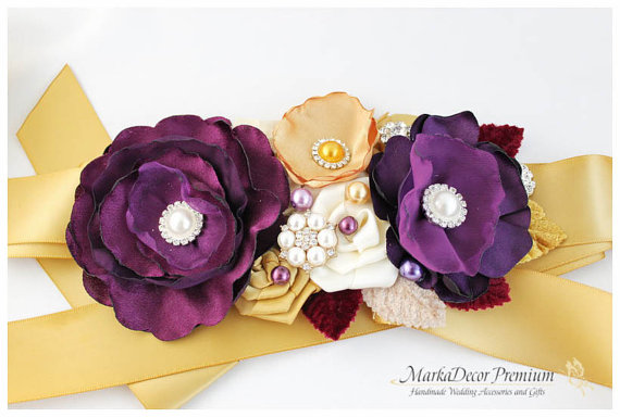 زفاف - Bridal Sash / Custom Wedding Bridesmaids Belt in Eggplant Purple, Gold and Ivory with Brooches, Beads, Pearls, Crystals, Jewels
