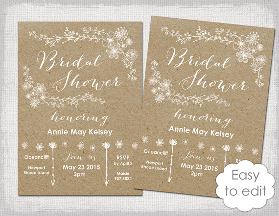 Wedding - Bridal Shower invitation template Rustic Printable templates DIY "Whimsical kraft" Wedding Shower invitations YOU EDIT Word instant download