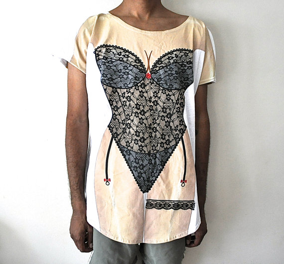 زفاف - 80s / 90s Playmate Body T-Shirt, Woman in Lingerie Graphic Print Oversized T Shirt, Womans Body Tee, White, XL X-Large