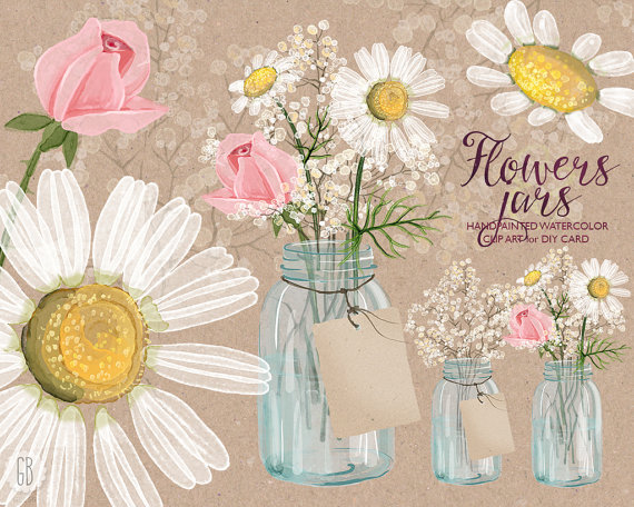 زفاف - Watercolor chamomile mason jar, baby breath, cream rose, camomile flower, handpainted, bouquet florals, clip art, watercolor invite diy card