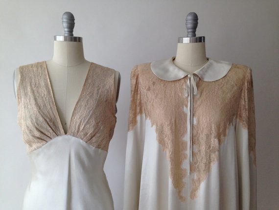 زفاف - TALIA of Hollywood 30s 40s bias cut taupe silk charmeuse and tea stain lace nightgown & peignoir / M / L / tall size