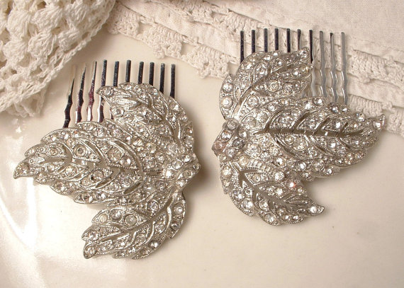 Hochzeit - 1920s Rhinestone Bridal Hair Combs, PAIR Art Deco Pave Silver Leaf Antique Fur Clips to Hairpiece Gatsby Flapper Wedding Accessory Headpiece
