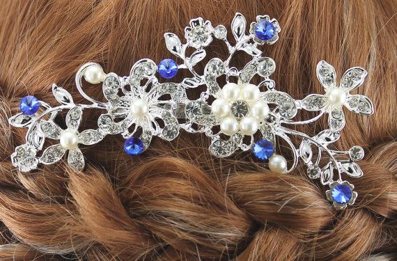Mariage - Bridal Hair Comb Wedding Hair Comb Sapphire Blue Pearl Silver Wedding Hair Piece Bridal Jewelry Wedding Jewelry Bridal Accessories Style-183
