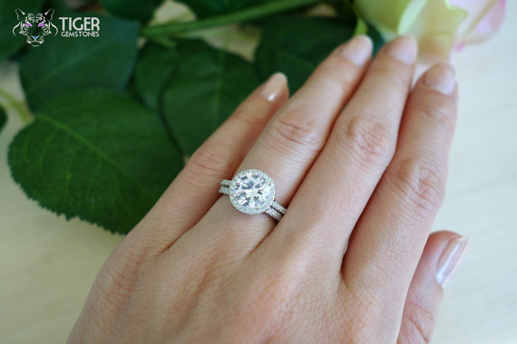 زفاف - 2.25 Ct Round, Halo Gatsby, Wedding Set, Engagement Ring, D Color Flawless Man Made Diamond Simulants, Promise Ring, Bridal, Sterling Silver