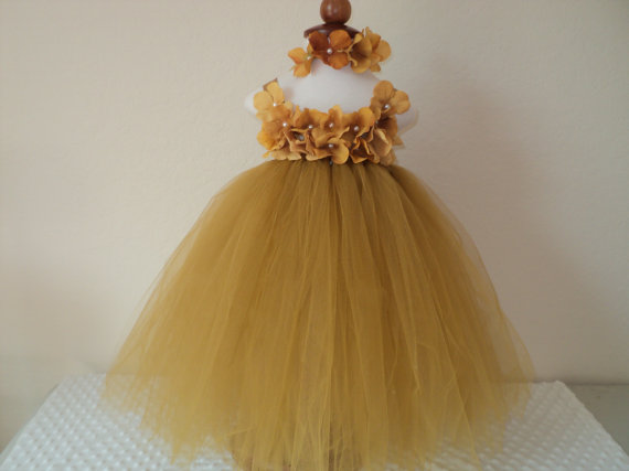 Свадьба - Ready to ship baby - toddler girl antique gold tutu dress & headband hydrangea pearl petals wedding cake smash flower girl pageant birthday