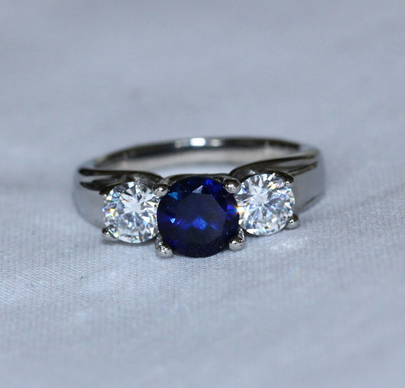 زفاف - 2ct Natural Blue Sapphire and White Sapphire Titanium Trellis Trilogy ring  - handmade engagement ring