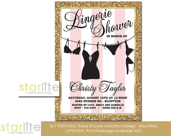Wedding - Pink Gold Lingerie Shower Invitation - Pink White Stripes Gold Glitter Frame Unique, vintage style - Printable Design or Printed Option.