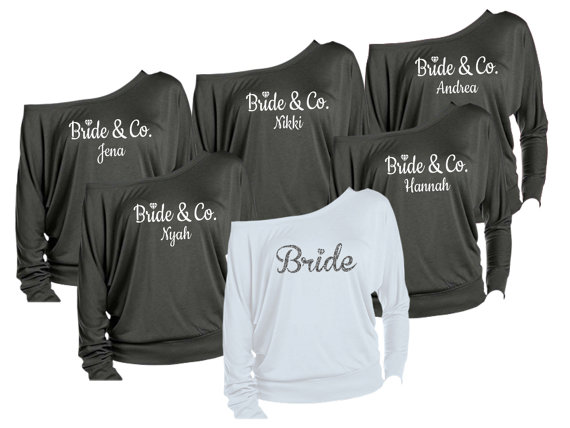 Hochzeit - 6 Personalized Bridesmaids Shirts. Brides Shirts. Maid of Honor Shirts. Bridal Entourage Shirts. Bachelorette Party Off The Shoulder Shirts.