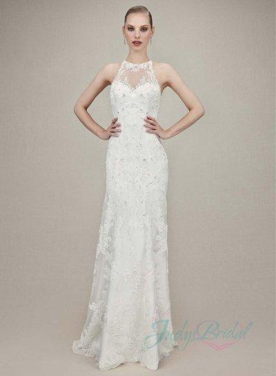 Hochzeit - JW16070 Sexy sheer back high neck sheath lace wedding dress