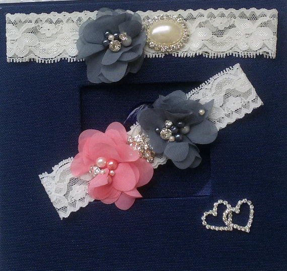 Hochzeit - Wedding leg garter, Wedding accessoaries, Bridal accessoary, Gray wedding garter, Chiffon Flower Rhinestone Lace Garters