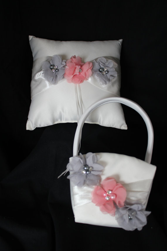 Hochzeit - Ivory Ring Bearer Pillow/Flower Girl Basket -Gray and Lt Coral Chiffon Flowers Accented with Rhinestone and Pearls- Custom Colors Available