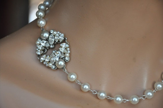 Wedding - Vintage Style Bridal Necklace,Bridal Jewelry,Swarovski Crystal and Pearl Necklace,Victorian Style,Filigree,Art Deco Stye,ESTEPHANY
