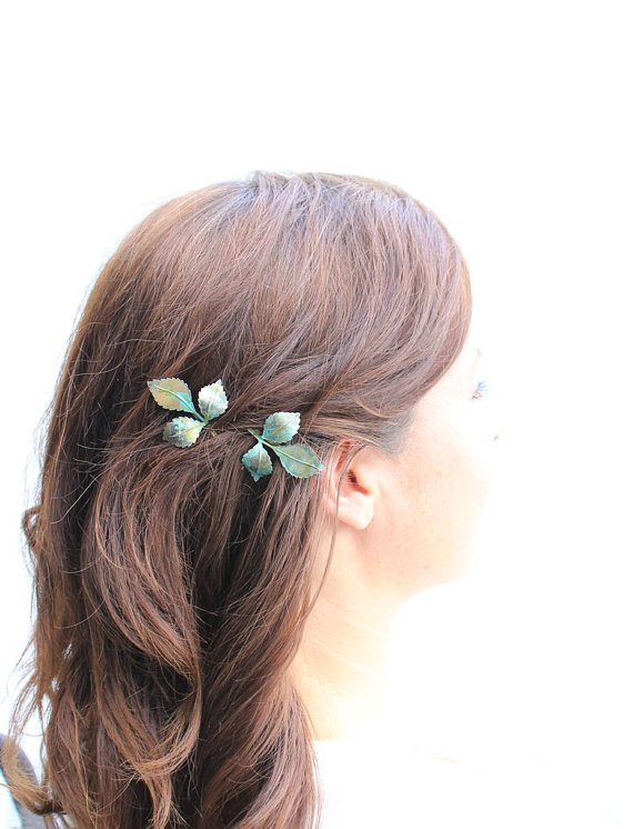 Mariage - Leaf Bobby Pins Leaves Branch Patina Verdigris Green Woodland Wedding Hair Accessories Hair Slides Pair of Leaves Nature Bridal Accessories