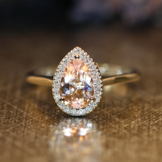 Hochzeit - Morganite Halo Diamond Engagement Ring in 14k White Gold 9x6mm Pear Pink Morganite Ring (Custom Made Ring Available)