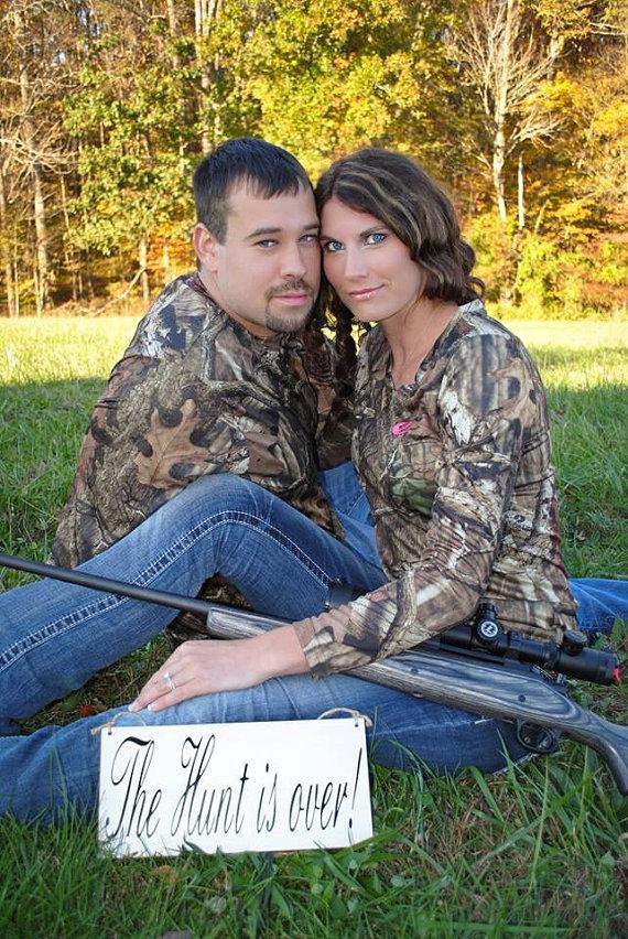 Mariage - Rustic Engagement Photo Prop Wedding Sign The Hunt Is Over Ring Bearer Flower girl Ceremony Country style weddings Camo Bridal Party