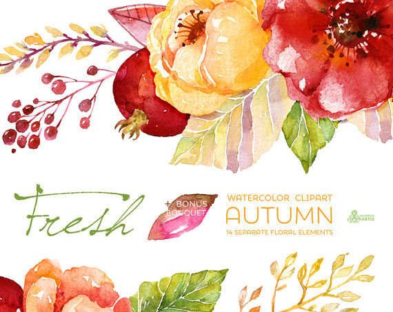 زفاف - Fresh Autumn Elements Clipart + Bouquet. Handpainted watercolor, wedding invitation, separate floral elements, greeting, diy, pomegranate