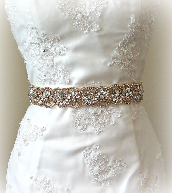 Hochzeit - Rose Gold Crystal Bridal Sash, Wedding Belt, Rhinestone Bridal Sash, 24" of Rhinestones - LYNAE