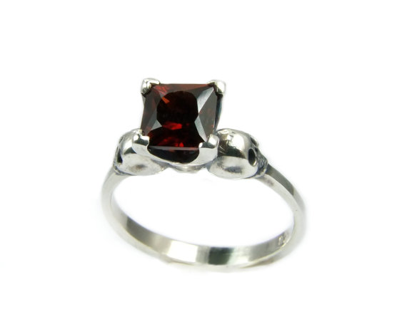 Mariage - Skull Ring Goth Engagement Ring Square Garnet Psychobilly Wedding Jewelry Blood Red Gemstone Ring Memento Mori Womens Ring Gothabilly Rocker