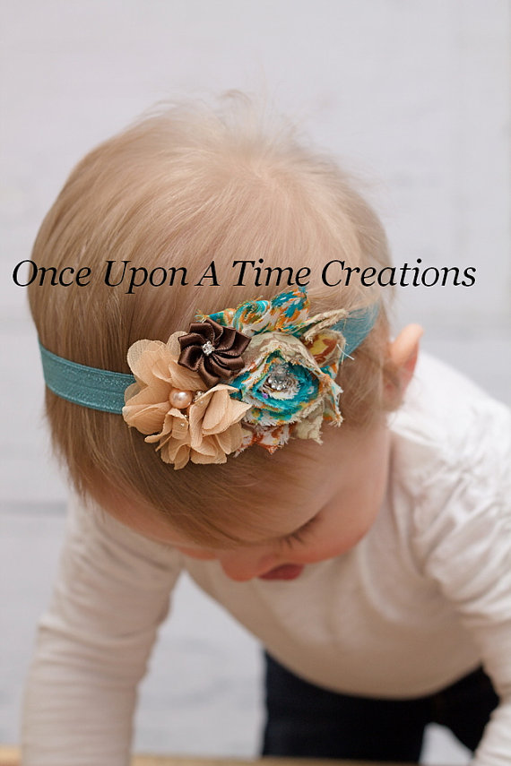 زفاف - Teal Brown Tan Print Shabby Satin Chiffon Flower Trio Headband - Birthday, Photo Prop - Newborn Baby Hairbow - Little Girls Hair Bow