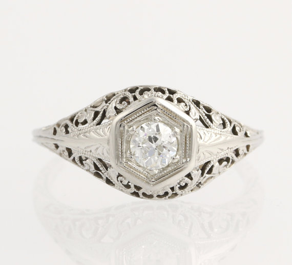 زفاف - Art Deco Engagement Ring - 18k White Gold Vintage European Cut Diamond .33ct L1131
