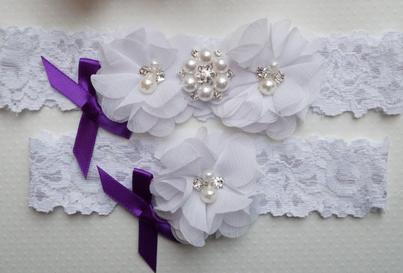زفاف - Wedding Garter Set, Bridal Garter Set, Purple Wedding Garter, Bridal Garter, White Bridal Garter, - Style L237