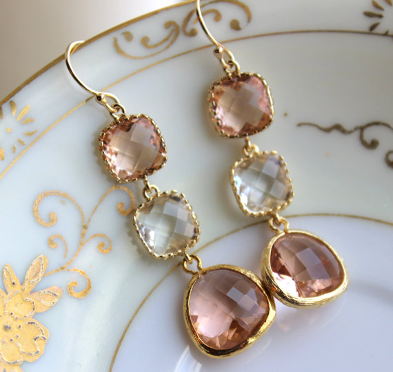 Свадьба - Blush Champagne Crystal Earrings Gold Three Tiered Jewelry - Pink Bridesmaid Earrings -  Peach Wedding Earrings Crystal Pink Wedding Jewelry