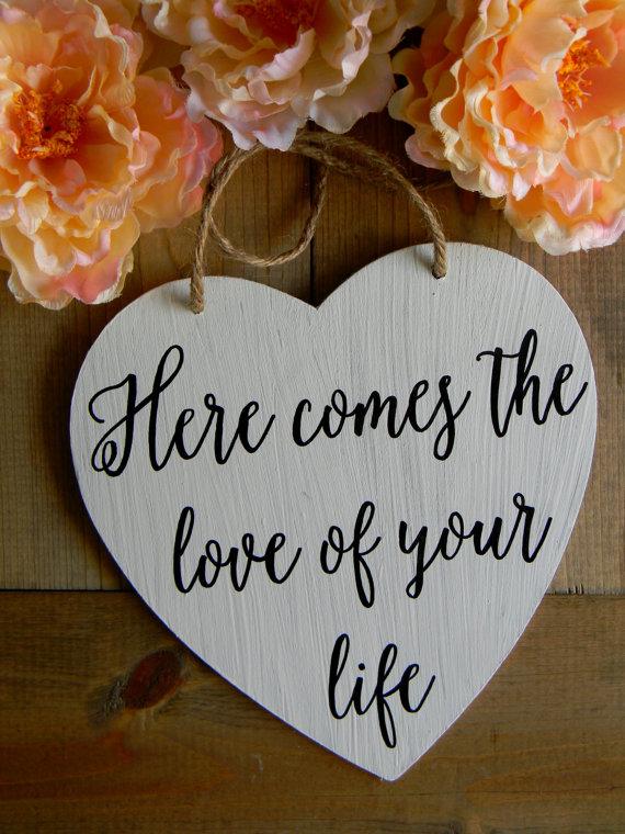 Wedding - Here Comes The Love Of Your Life Sign Rustic Wood White Wedding Sign Wood Heart Flower Girl Sign Ring Bearer Shabby Chic Woodland Wedding