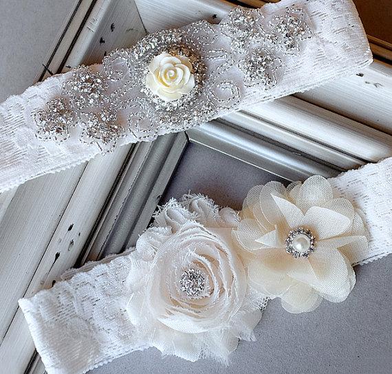 Hochzeit - Wedding Garter Belt Set Bridal Garter Set Ivory Lace Garter Belt Lace Garter Set Rhinestone Crystal Rose Center Garter GR108LX
