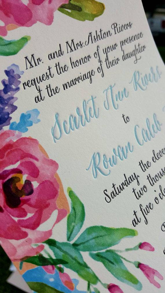Wedding - Watercolor Wedding Invitations for Rustic Garden Wedding, Letterpress and Watercolor, Floral Watercolor Invitations