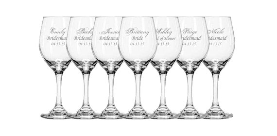 Mariage - 6 Laser Engraved Bridesmaid Wine Glasses, Gift for Bridesmaids, Personalized Wine Glasses