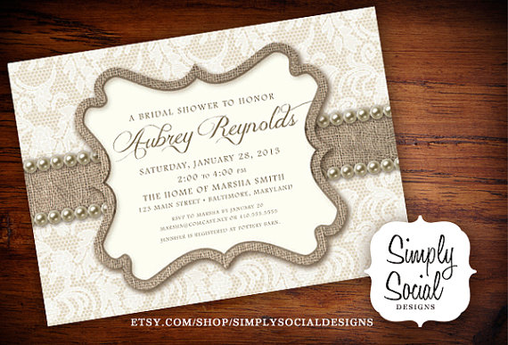 Wedding - Rustic Chic Burlap, Lace and Pearls Bridal Shower Invitation