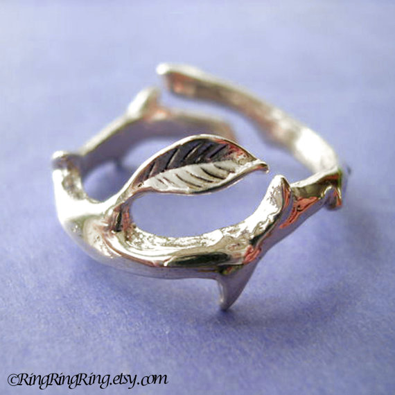 زفاف - Thorn twig leaf ring - Sterling Silver Ring, Unique wrap band jewelry, adjustable, R-034