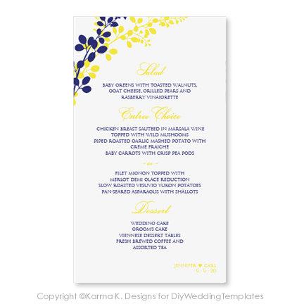 زفاف - Wedding Menu Card Template - Download Instantly - EDITABLE TEXT- Exquisite Vines (Yellow & Navy) 4 x 7 - Microsoft Word Format