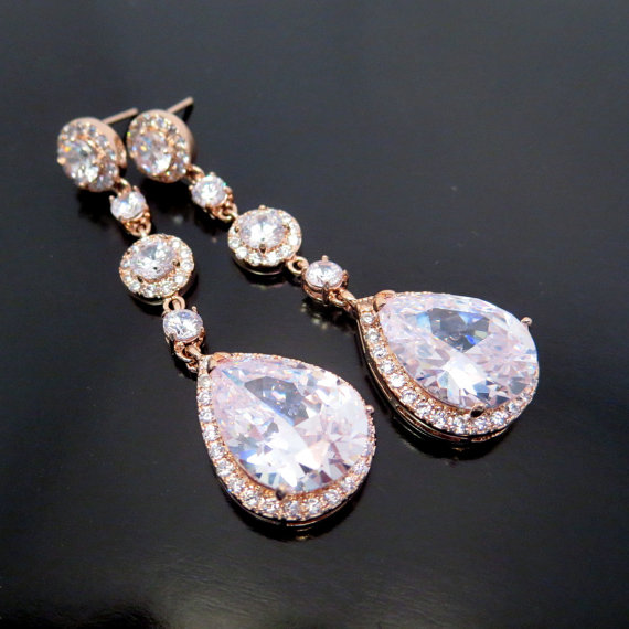 زفاف - Long Bridal earrings, Rose gold bridal earrings, Rose gold wedding earrings, Long crystal earrings, Bridal jewelry