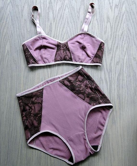 زفاف - High waist panties and bralette set, organic lingerie set, dusty berry brown lace set, gift for her, handmade lingerie, luxury underwear
