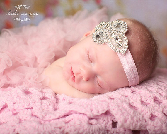 زفاف - Light Pink, Rhinestone Baby Headband Perfect for Photo Prop, Christenings, Weddings or Special  Occasions.COMES In Other COLORS as Well