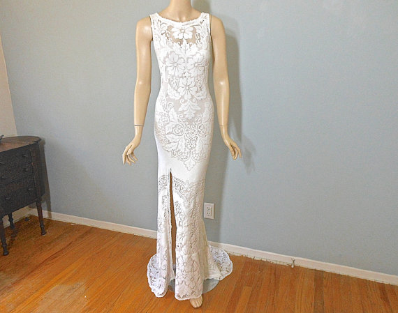 Wedding - Cream Lace Backless Bohemian Wedding Dress SIMPLE Wedding Dress w Slit Sz LACE Wedding Dress sz Large