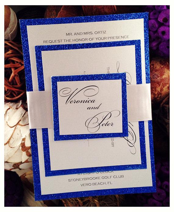 زفاف - Blue wedding invitation, Blue Glitter Wedding Invitation with RSVP and ribbon belt
