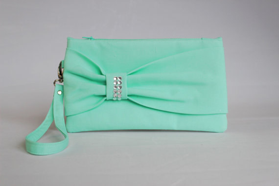 زفاف - PROMOTIONAL SALE - Mint bow wristelt clutch,bridesmaid gift ,wedding gift ,make up bag,zipper pouch,cosmetic bag ,zipper pouch
