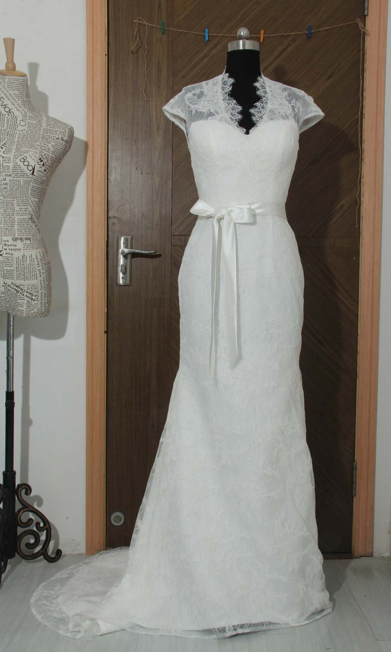Свадьба - Cap Sleeves Lace Wedding Dress, Elegant V-neck See Through Back Bridal Wedding Dress, Custom Made Lace Wedding Dress