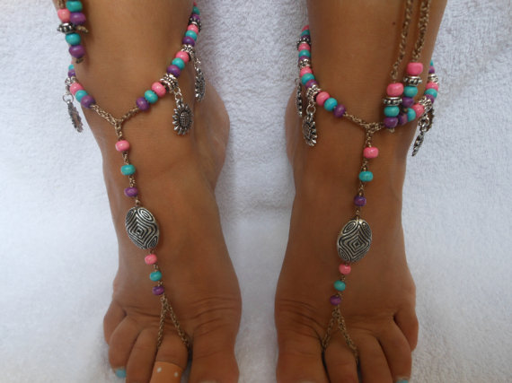 Hochzeit - Crochet Barefoot Sandals Beach Wedding  Yoga Shoes Foot Jewelry  Pink Blue Purple Silver